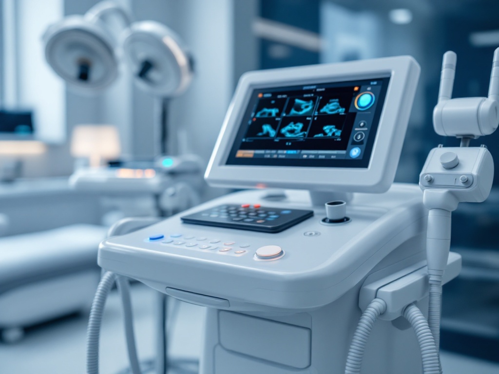 An advanced energy-assisted liposuction console with ultrasound and laser modules in a surgical suite