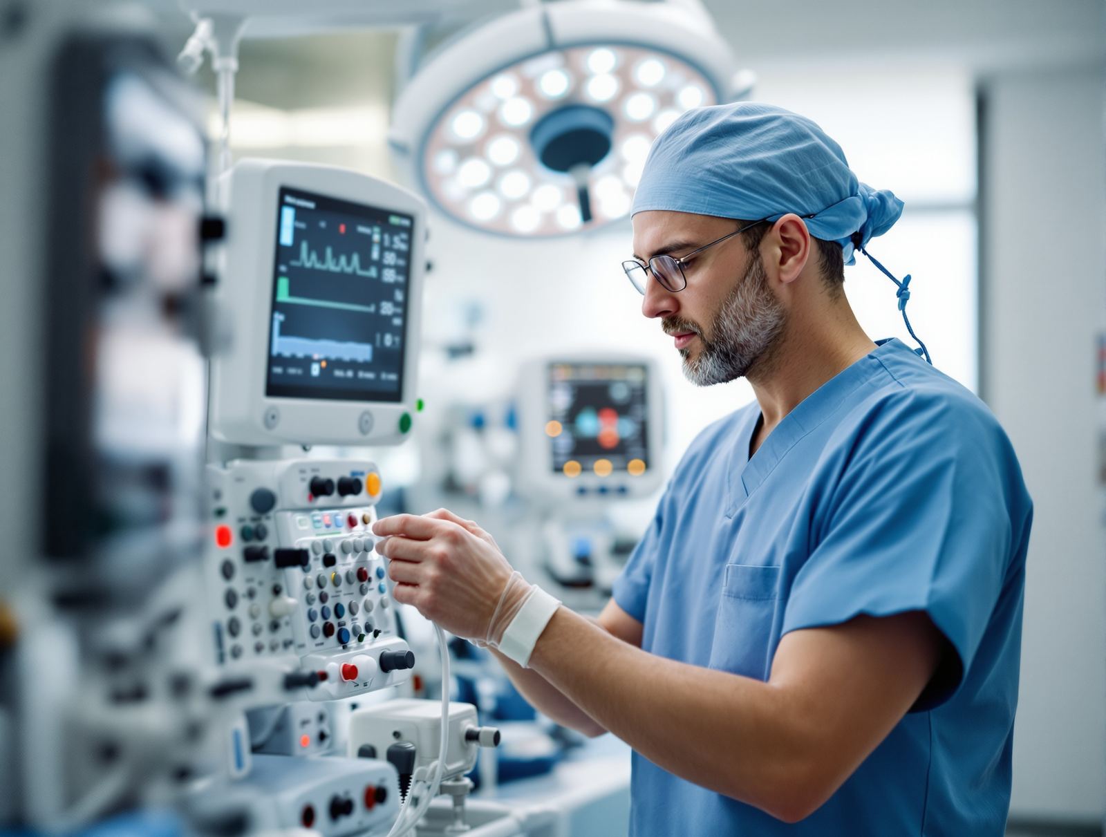 An anesthesiologist checking monitoring equipment beside an IV stand in a calm accredited surgical suite
