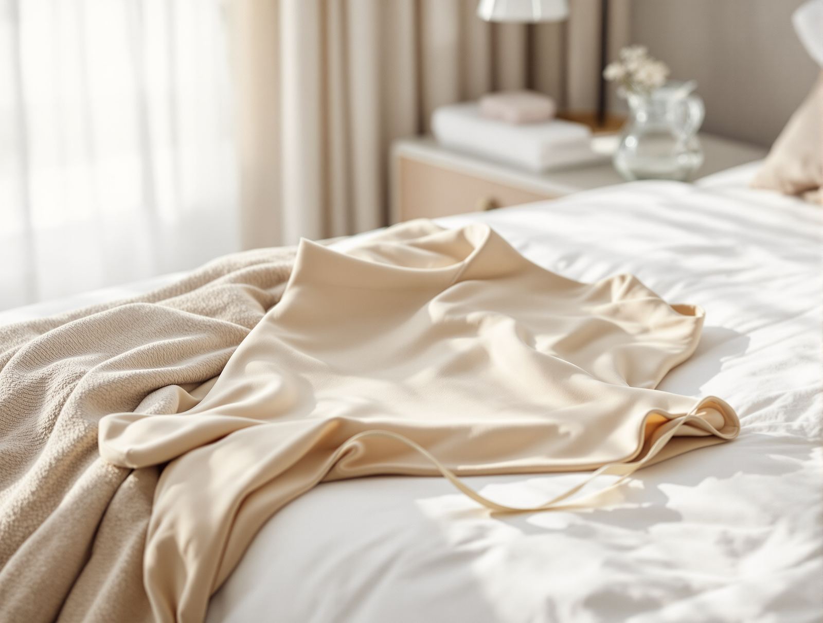 A neatly laid out beige post-surgical compression garment beside folded towels on a bright recovery suite bed