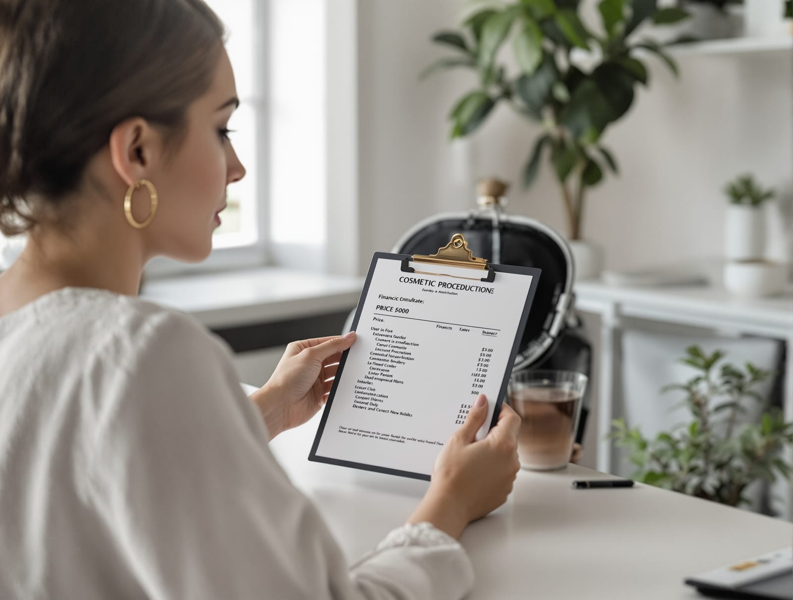 A patient and a consultant reviewing an itemized cosmetic procedure price estimate on a clipboard at a clinic desk