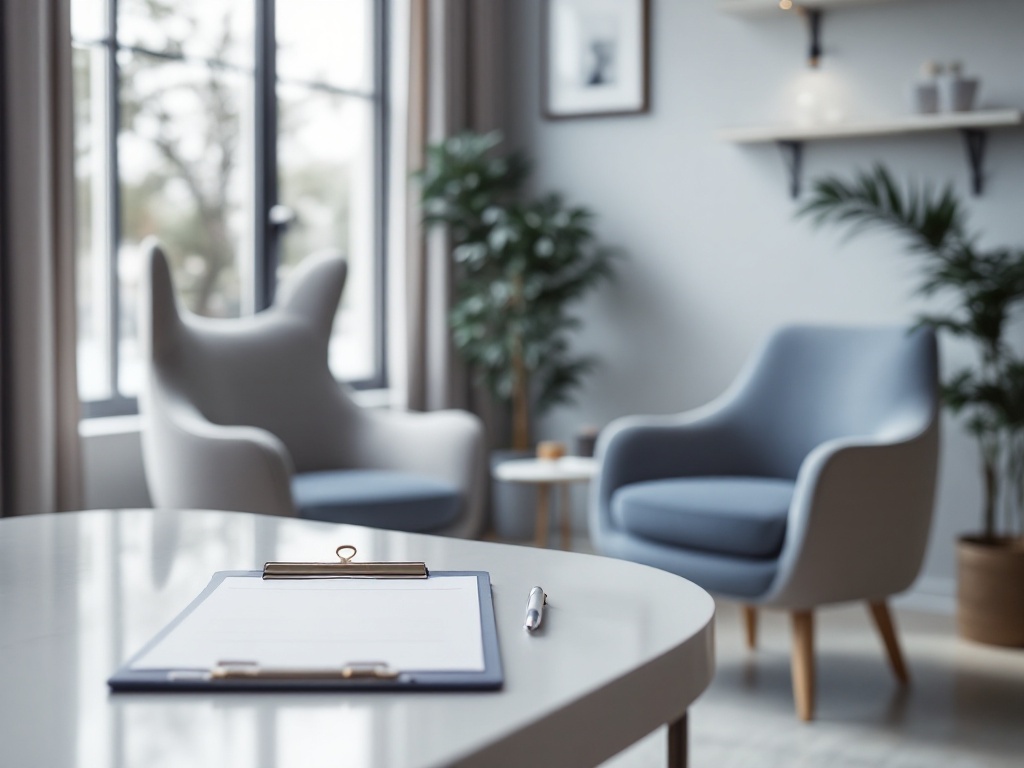 A welcoming cosmetic surgery consultation room with two chairs, a desk with intake paperwork on a clipboard, and soft daylight