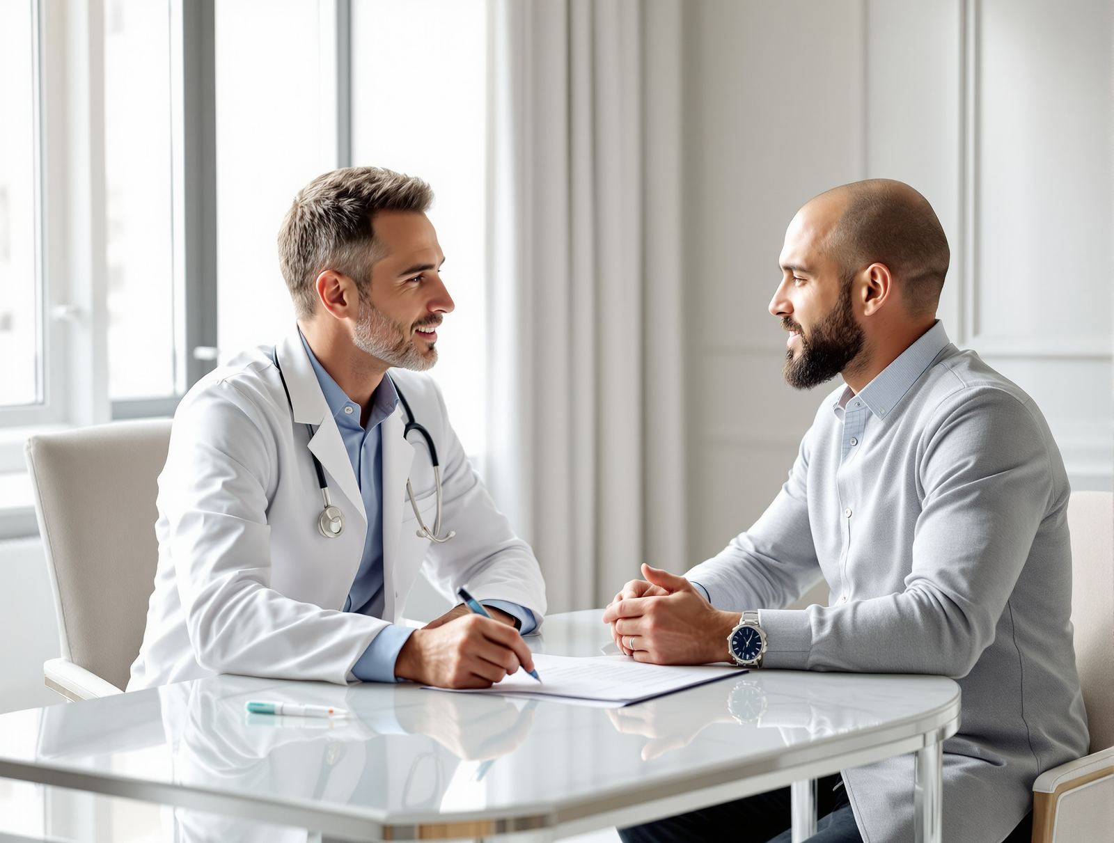 A physician discussing a treatment plan with a patient across a desk with a medication injector pen and chart