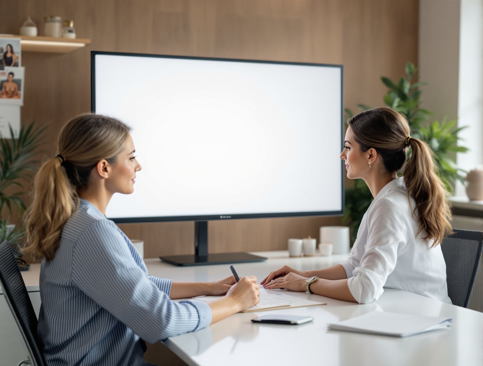A patient and consultant reviewing clinical photography on a large screen in a modern cosmetic surgery office
