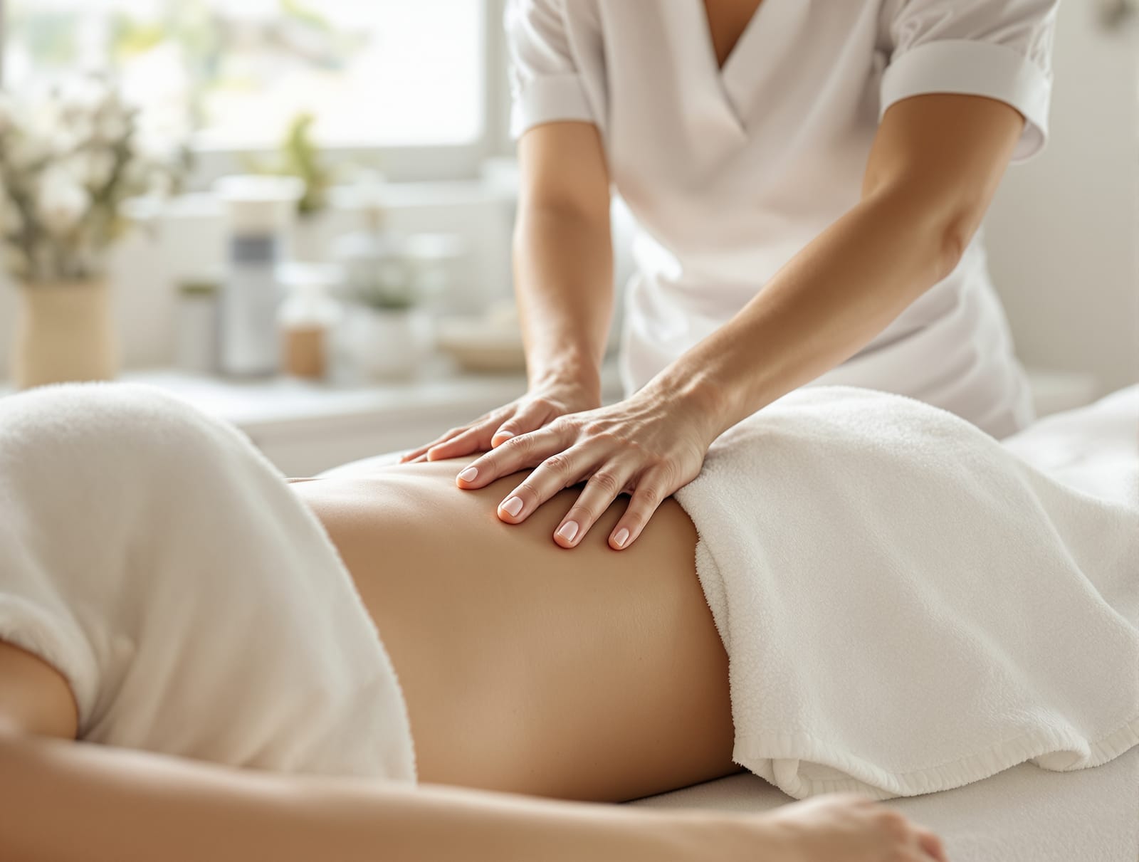 A therapist performing a gentle lymphatic drainage massage on a patient's midsection in a calm bright treatment room