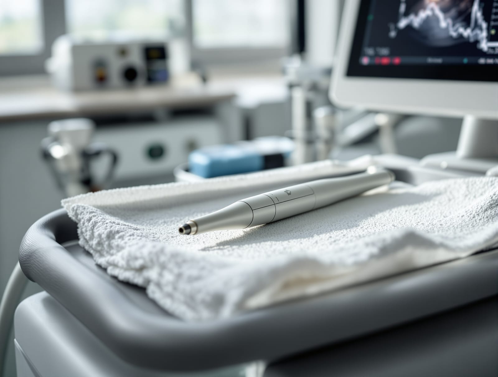 An ultrasound-assisted liposuction console with a slender probe handpiece resting on a sterile tray in a bright accredited surgical suite